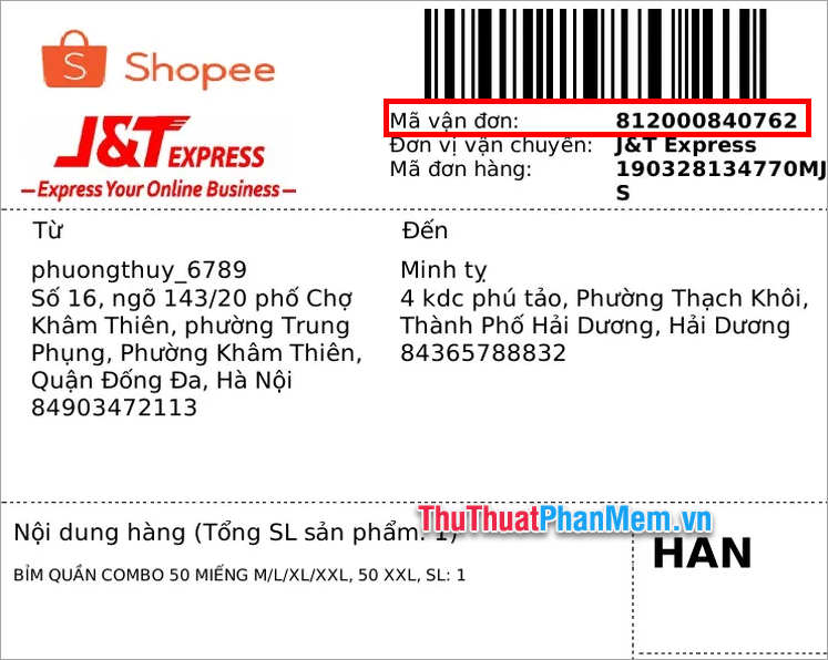 Mã vận đơn của J&T Express