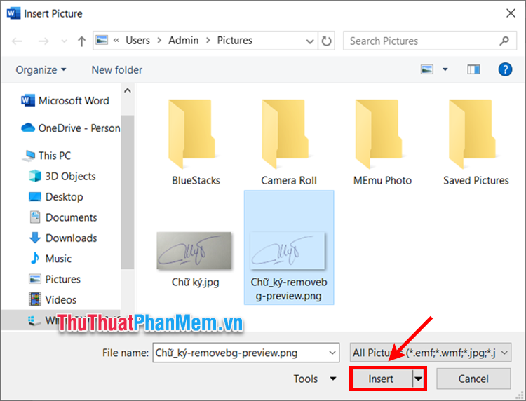 Sau đó thêm hình ảnh chữ ký vào Word