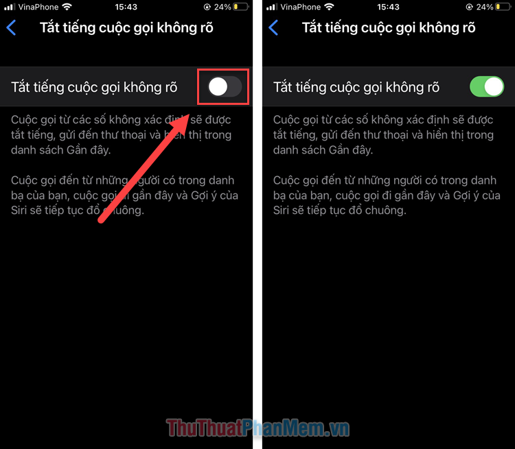 Bạn lướt và chọn Tắt tiếng cuộc gọi không rõ → gạt nút để bật công tắc