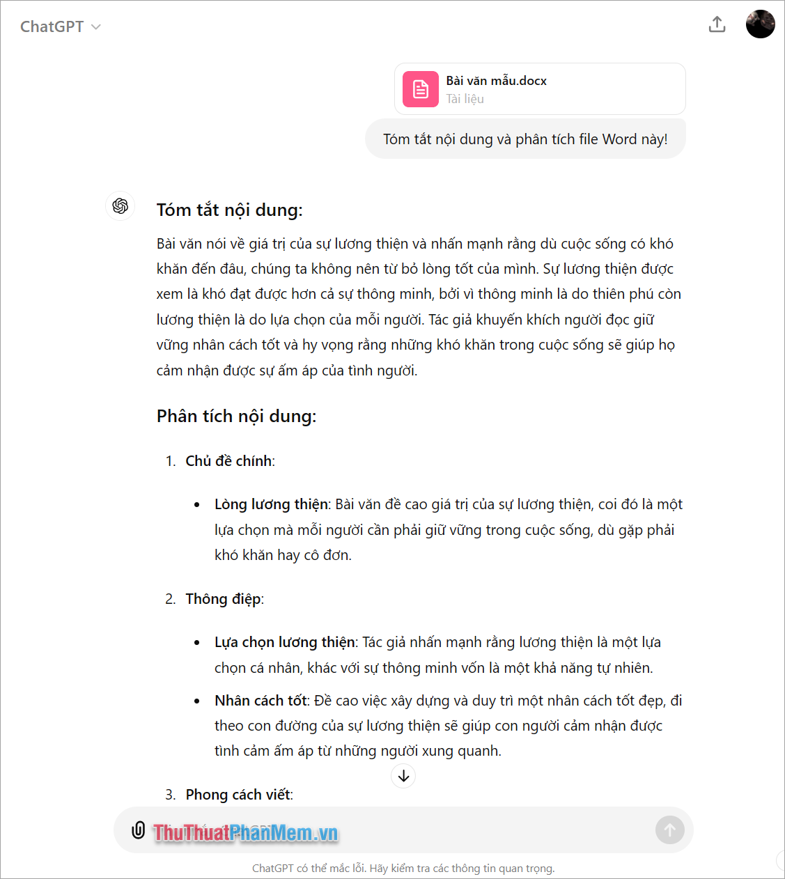 Chat GPT sẽ tiến hành phân tích toàn bộ các nội dung có mặt trong file Word, PDF