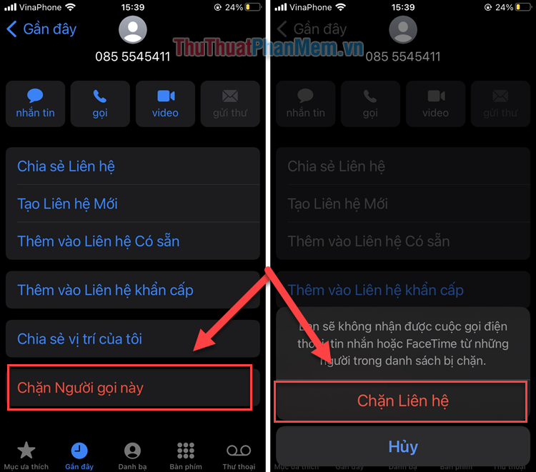Chọn mục Chặn người gọi này → nhấn Chặn Liên hệ