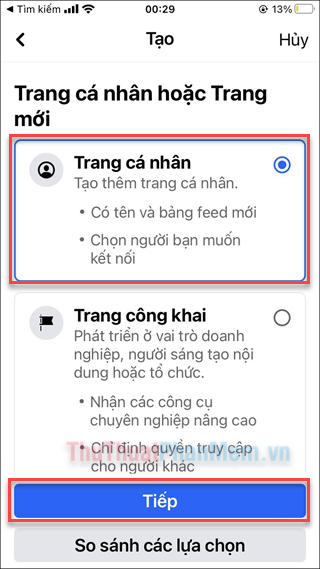 Chọn Trang công khai, hoặc So sánh nếu muốn → nhấn Tiếp