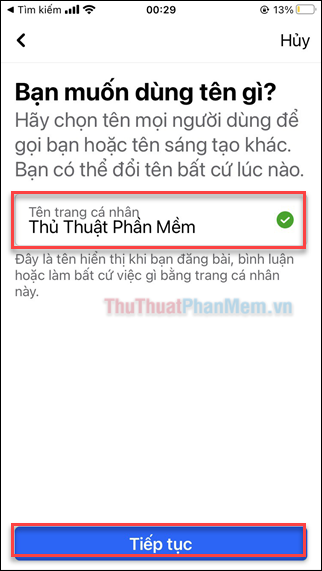 Đặt tên cho trang cá nhân mới → Tiếp tục