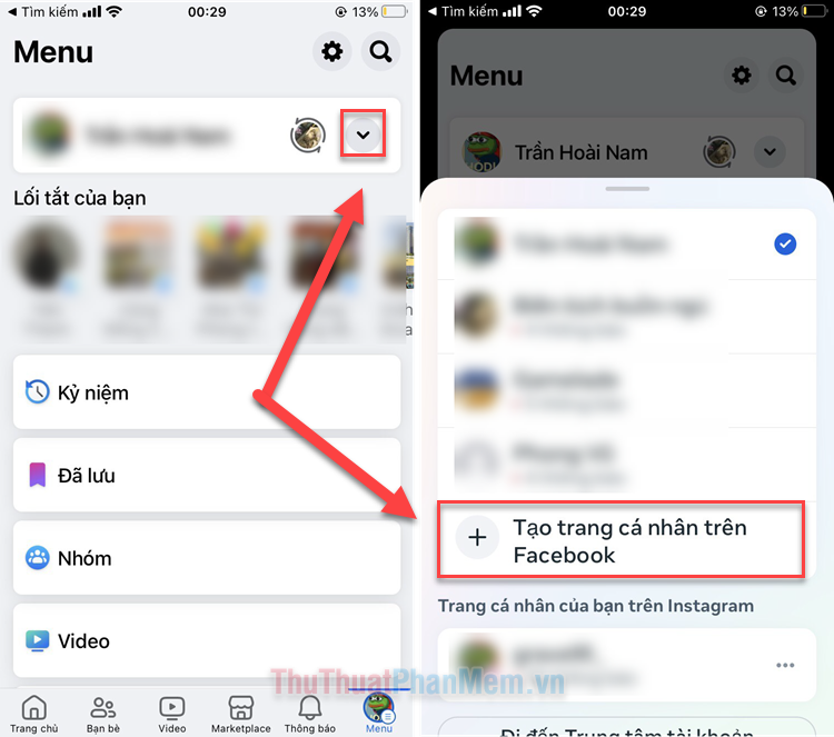 Nhấn biểu tượng ba gạch ngang → bấm vào mũi tên trên trang cá nhân → Tạo trang cá nhân trên Facebook