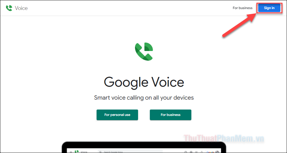 Trang web của Google Voice → chọn Sign in (Đăng nhập)