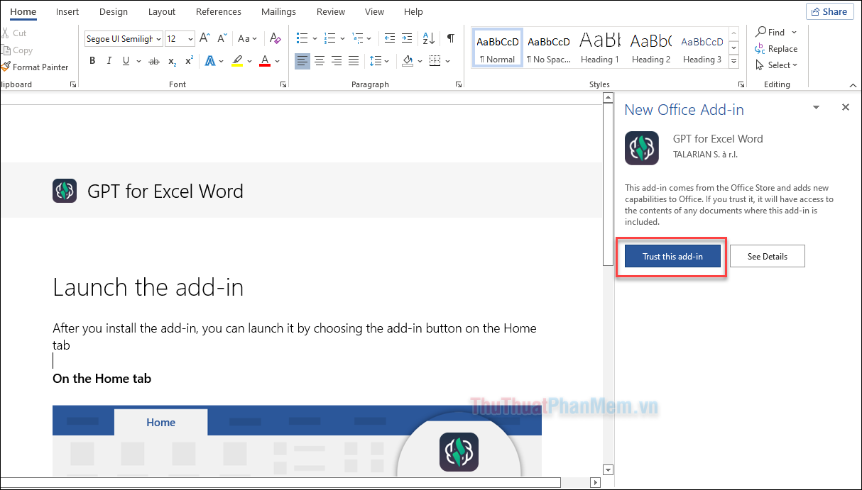 Chọn Trust this Add-in để tiếp tục cài đặt tiện ích mở rộng Chat GPT cho Word và Excel