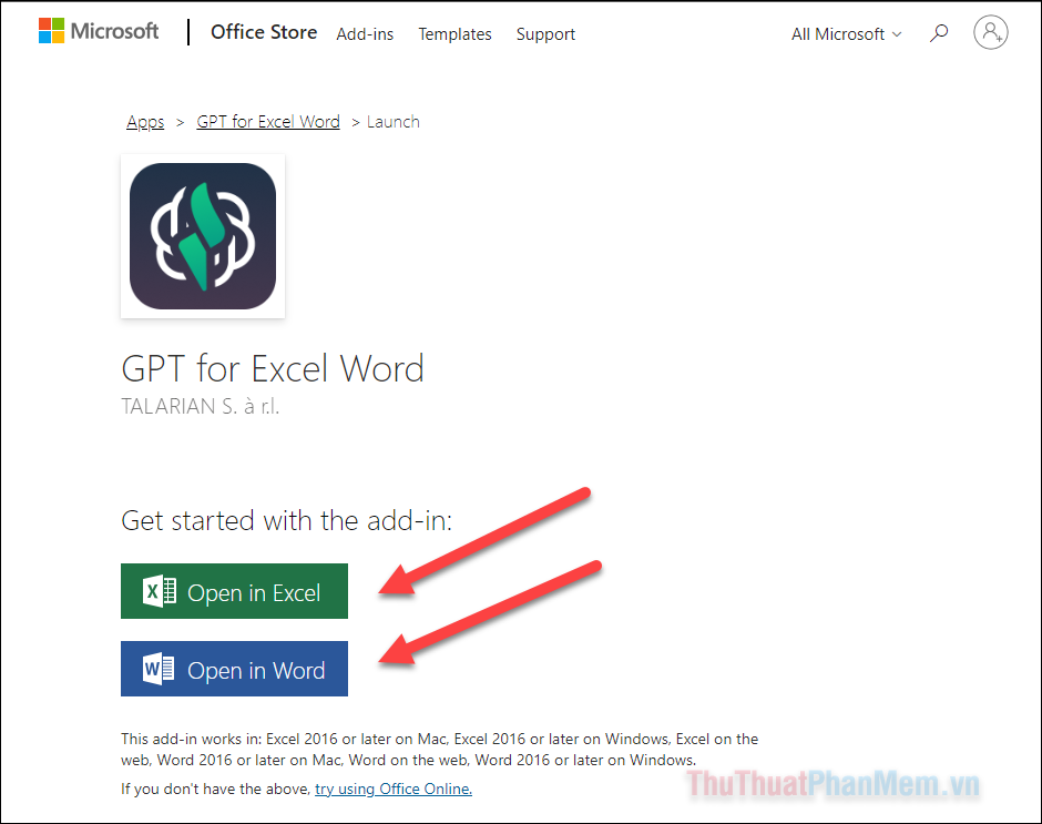 Truy cập trang GPT for Excel Word  Nhấp vào Open in Word hoặc Open in Excel