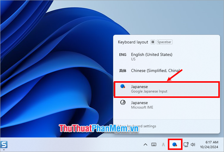 Chọn biểu tượng ngôn ngữ dưới khay hệ thống và nhấn Google Japanese Input