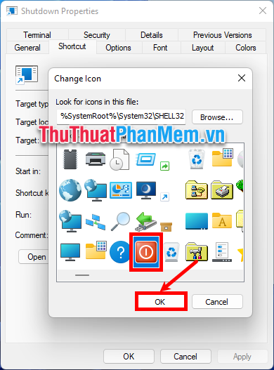 Chọn biểu tượng tắt máy và chọn OK