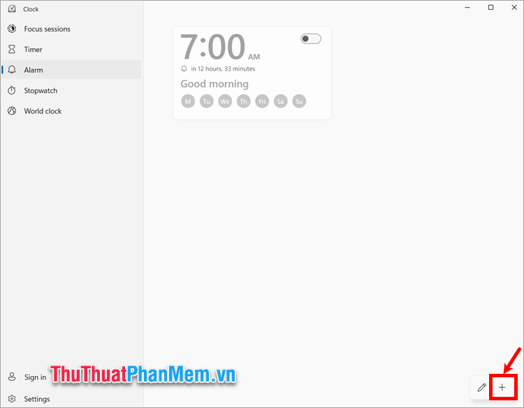 Chọn tiếp dấu + ở góc dưới bên phải ứng dụng để thêm báo thức mới
