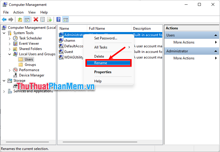 Nhấn chuột phải vào tên Admin mà bạn muốn đổi và chọn Rename