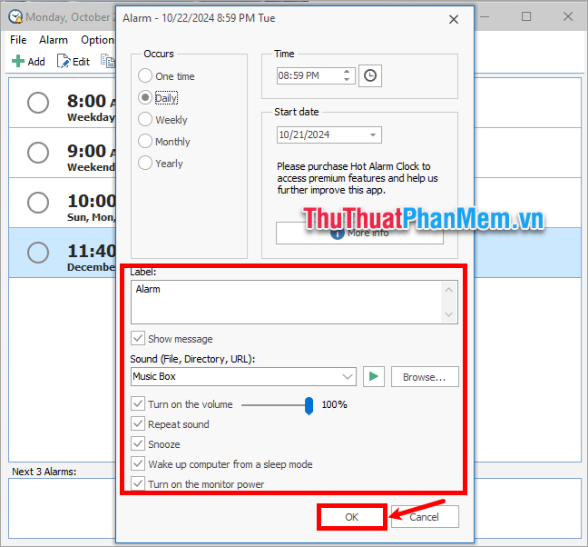 Sau khi đã thiết lập báo thức xong bạn chọn OK