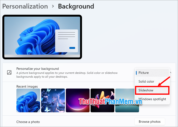 Tại phần Personalize you background bạn chọn Slideshow