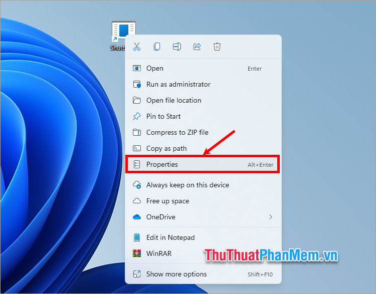 Thay đổi biểu tượng nút Shutdown nhấn chuột phải vào biểu tượng và chọn Properties