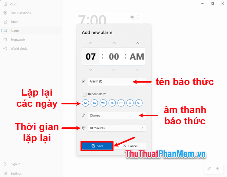 Thiết lập các tùy chọn tên báo thức sau đó ấn save để lưu lại