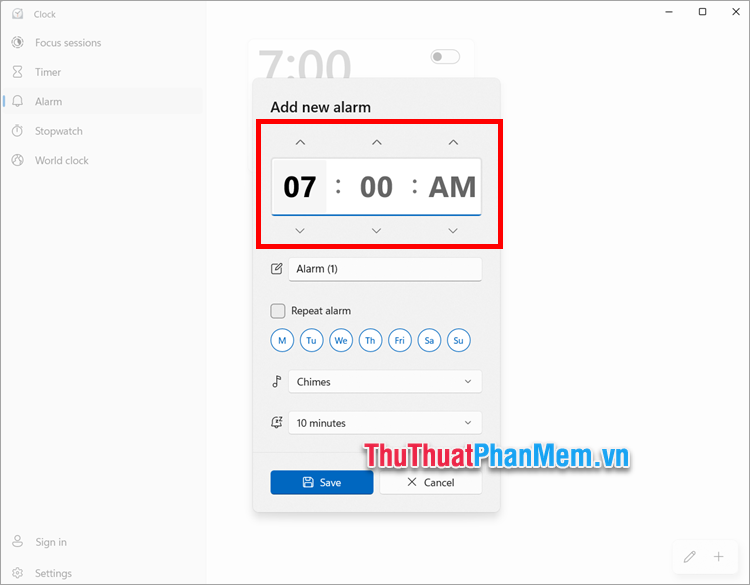 Thiết lập thời gian báo thức bằng cách chọn giờ và phút, sáng (AM) hay chiều (PM)
