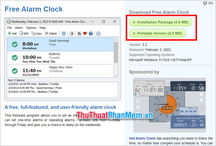 Truy cập vào trang httpsfreealarmapp.com, tải và cài đặt Free Alarm Clock