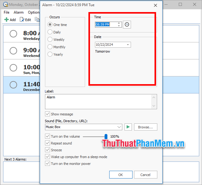 Xuất hiện Alarm, bạn thiết lập thời gian báo thức, này báo thức trong phần Time và Date