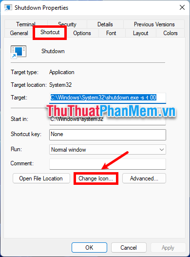 Xuất hiện Properties, bạn chọn thẻ Shortcut → Change Icon