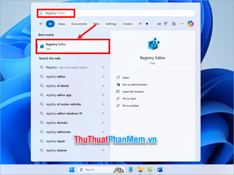 Chọn Start Menu, nhập từ khóa tìm kiếm Registry, và chọn Registry Editor trong kết quả tìm kiếm