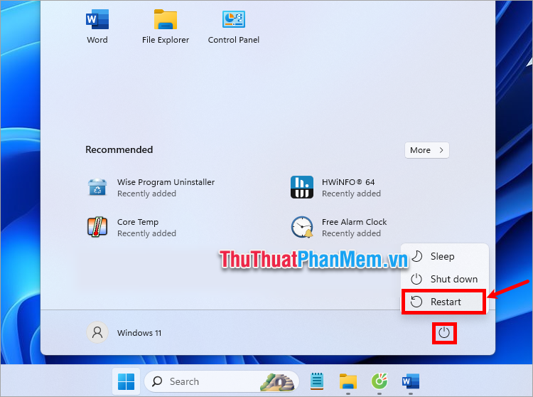 Khởi động lại máy tính của bạn bằng cách chọn Start Menu → biểu tượng nút nguồn → Restart