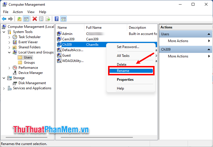 Nhấn chuột phải vào tên User mà bạn muốn đổi và chọn Rename