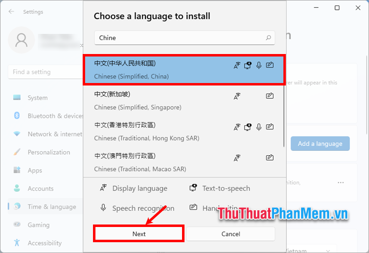 Nhấn đến Chinese (Simplified, China) và chọn Next