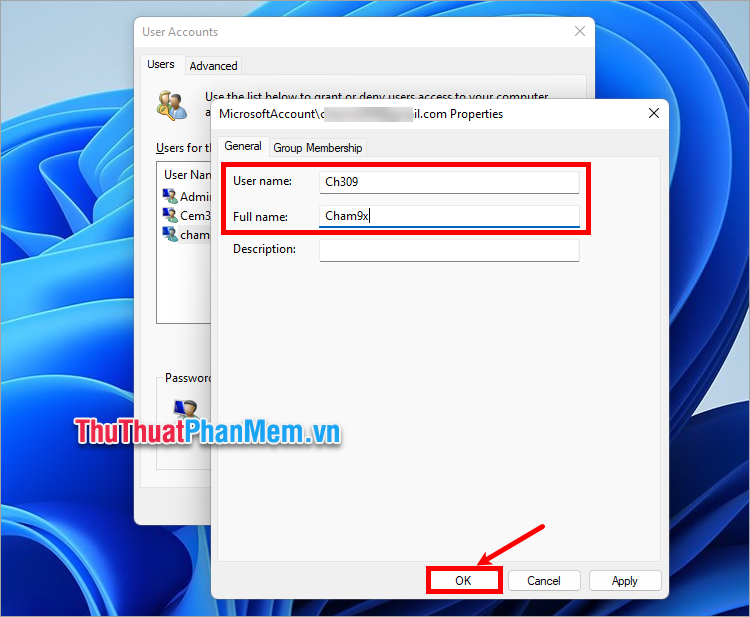 Thực hiện đổi tên user trong User name, Full name và chọn OK