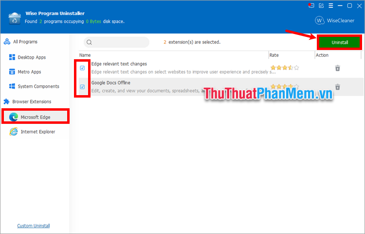 Tích vào 2 ô vuông trước Edge relavant text changes và Google Docs Offline chọn Uninstall