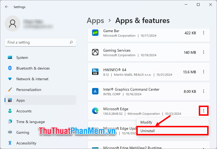 Tìm đến Microsoft Edge, chọn dấu ba chấm dọc và chọn Uninstall