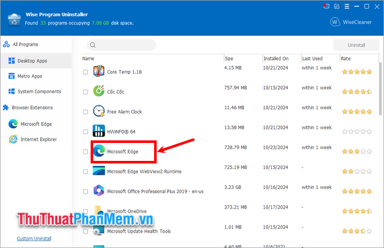 Trên giao diện Wise Program Uninstaller, chọn vào Microsoft Edge