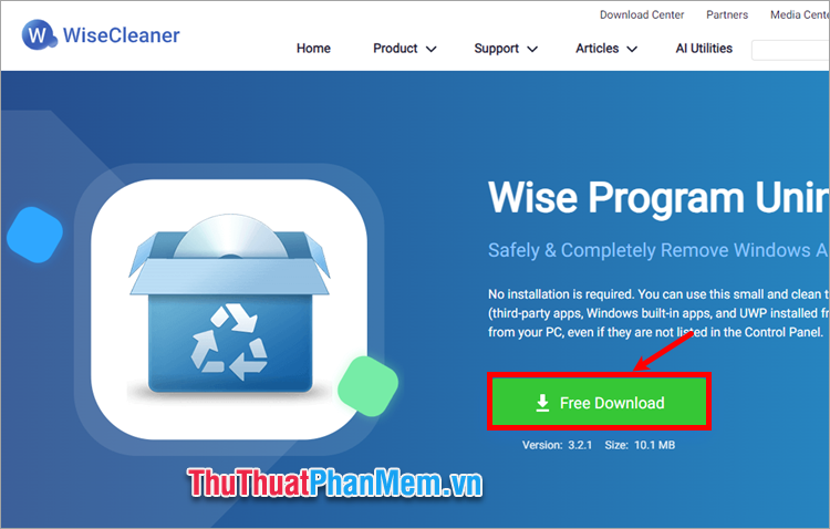 Truy cập vào trang Wise Program Uninstaller nhấn chọn Free Download để tải file cài đặt về máy tính