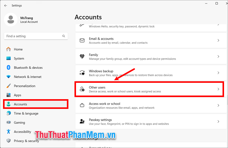 Chọn Accounts - Other users