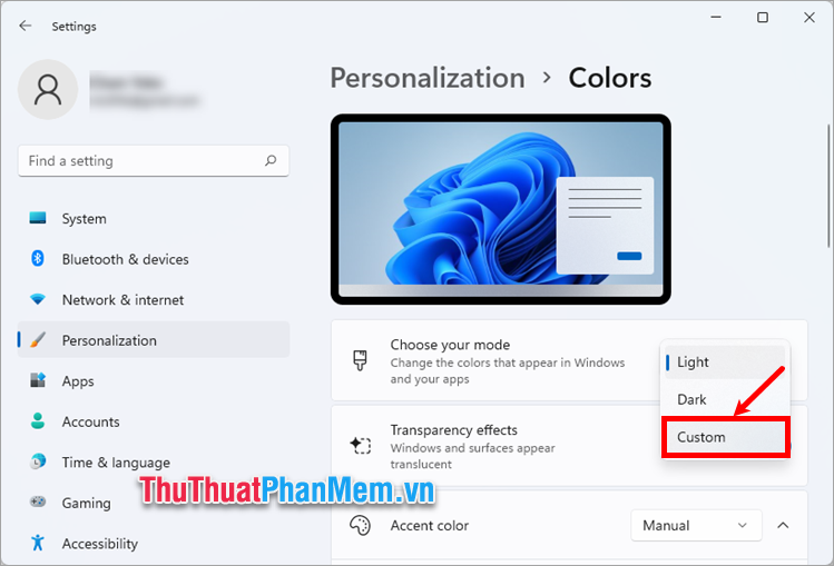 Chọn Custom trong Choose your mode