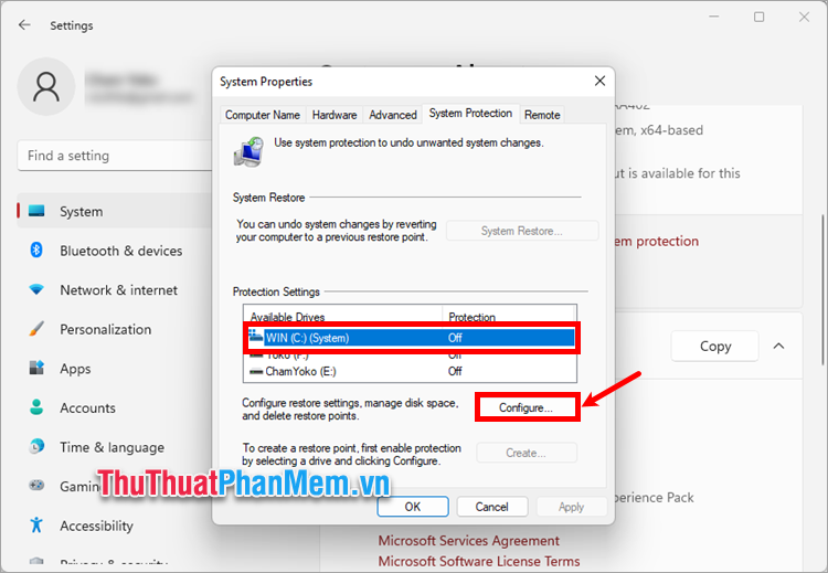 Chọn ổ C và chọn Configure