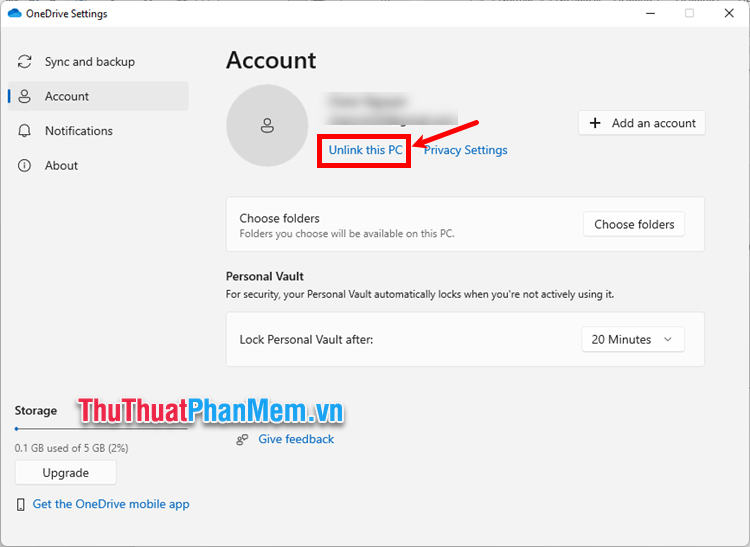 Chọn Unlink this PC ngay dưới tên tài khoản