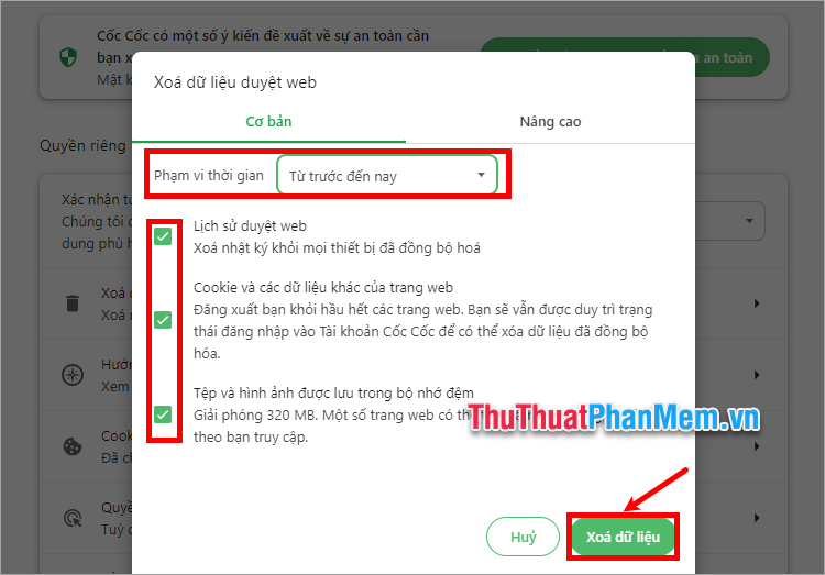 Đánh dấu tích chọn trước tất cả các tùy chọn và chọn Xóa dữ liệu