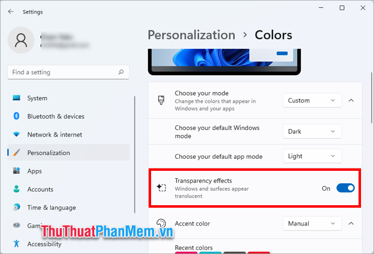 Di chuyển công tắc sang phải (chế độ On) trong phần Transparency effects