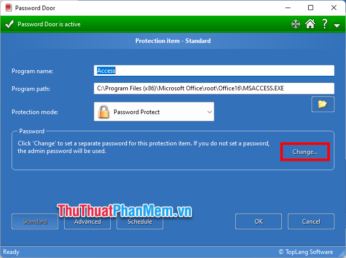 Muốn đặt mật khẩu riêng cho ứng dụng bạn chọn Change để thay đổi