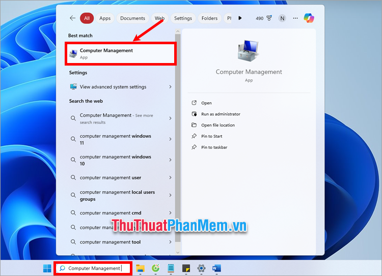 Nhập Computer Management vào thanh tìm kiếm của Windows 11