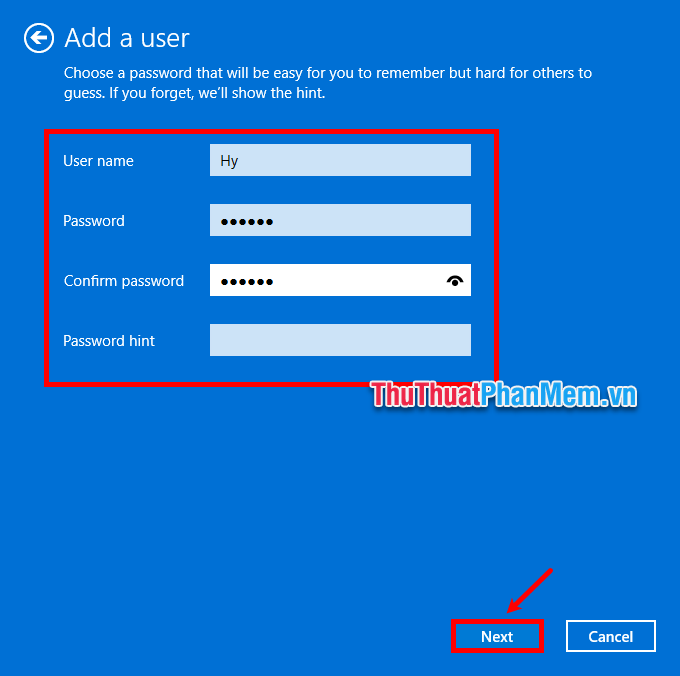 Nhập tên user, mật khẩu, xác nhận mật khẩu, gợi ý mật khẩu và chọn Next