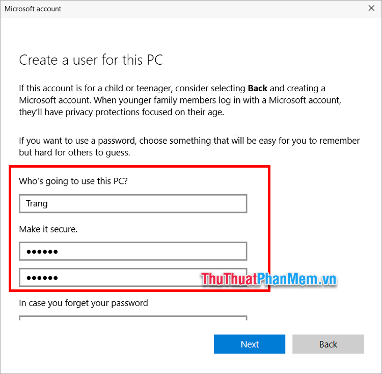 Nhập tên user và mật khẩu cho user