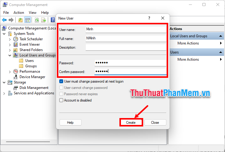 Nhập thông tin như hình bên dưới chọn Create