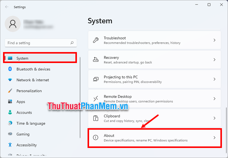 Trên cửa sổ Settings, bạn chọn System - About