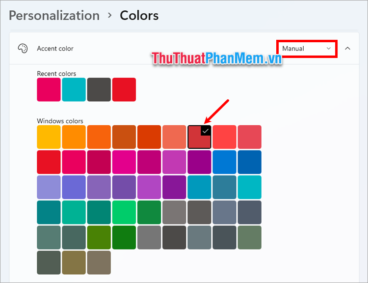 Trong Accent color chọn Manual, và kích đến màu thanh taskbar trong Windows colors