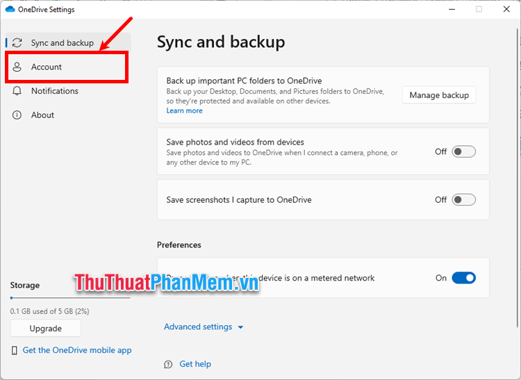 Trong cửa sổ OneDrive Settings, bạn chọn Account