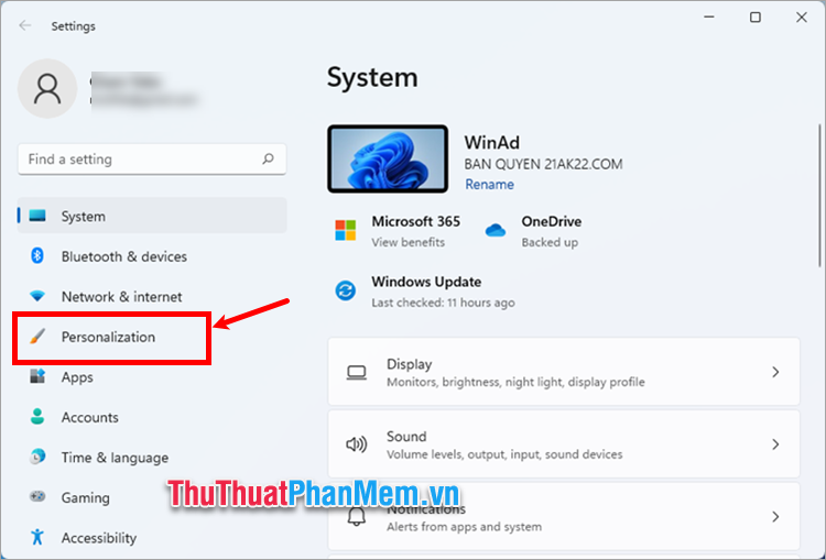 Trong cửa sổ Settings, chọn Personalization