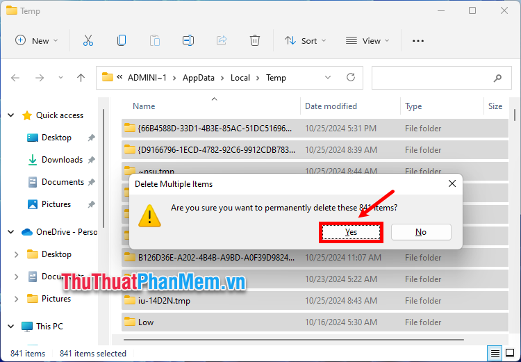 Xuất hiện thông báo xác nhận xóa, bạn chọn OK để xóa các tệp vĩnh viễn