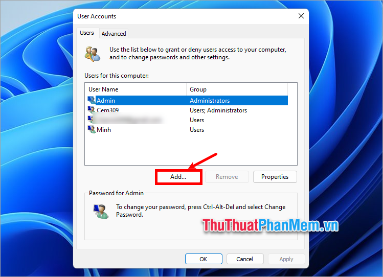 Xuất hiện User Accounts, trong thẻ Users bạn chọn Add