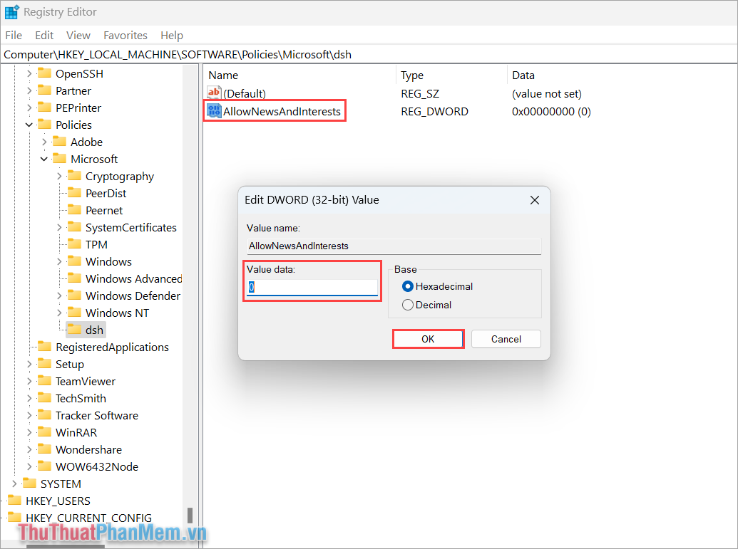 Bạn mở AllowNewsAndInterests, đặt giá trị Value data thành 0 và nhấn OK để hoàn tất